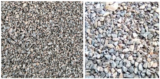 碎石針片狀超標(biāo)對比，左圖為針片狀超標(biāo)